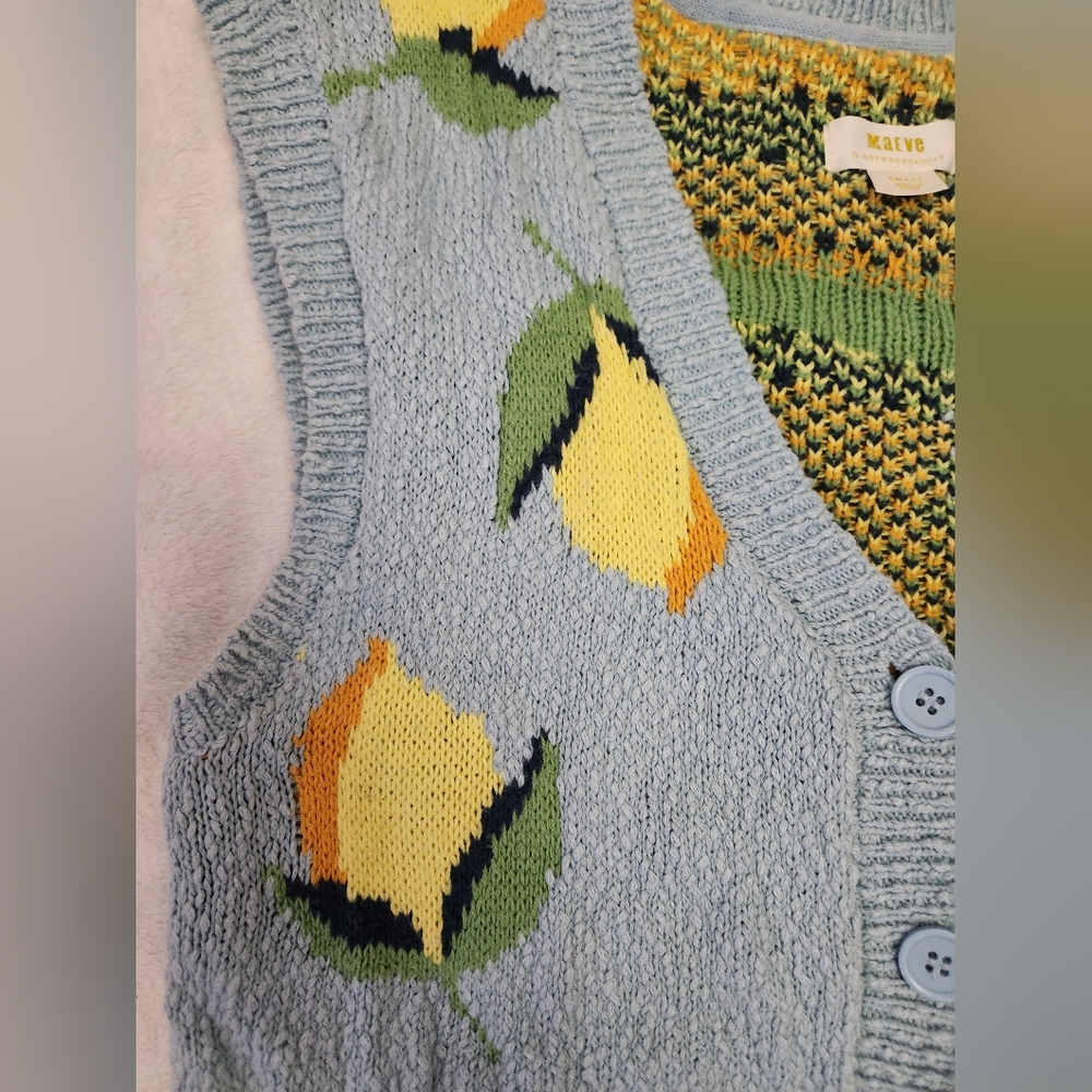 Anthropologie Maeve Melanie Shrunken Cardigan Blue Lemon Sweater Vest Size Small - Picture 2 of 11